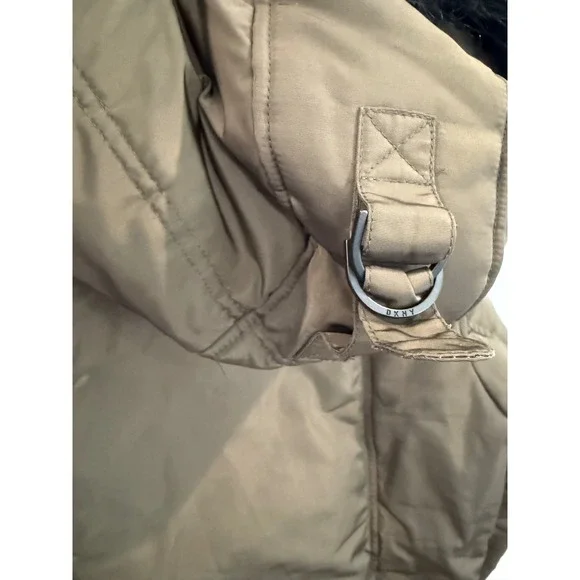 DKNY Women's Puffer Bomber Jacket Faux Fur Trim Hooded Khaki Olive Green - Picture 6 of 7